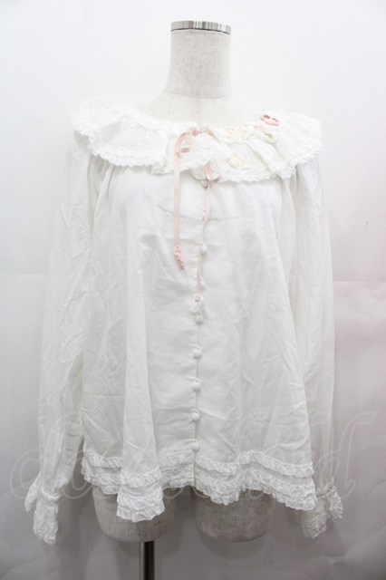 H*r様 【美品/人気完売商品】ピンクハウス 白 桜モチーフ ローンブラウス/2 PINK HOUSE / 桜モチーフ使いローンブラウス 白Xピンク I-25-08