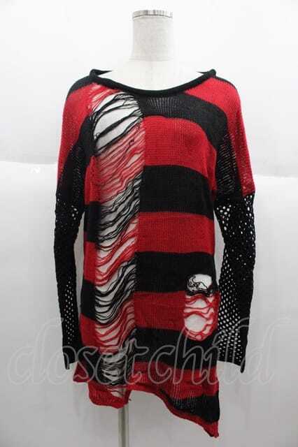 ほぼ新品☆センソユニコ☆ｔｂ☆とても暖かいセットアップ☆黒地に赤の変形ドット柄☆ SEX POT ReVeNGe / ダメージボーダーニット M 黒x赤 I-25-10-04