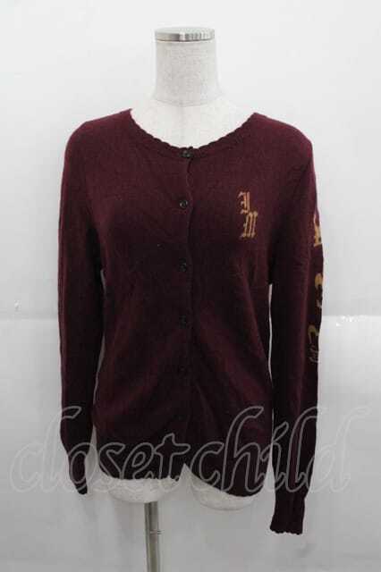 Jane Marple / 袖クラウン編み込みニットカーディガン M ボルドー I-25