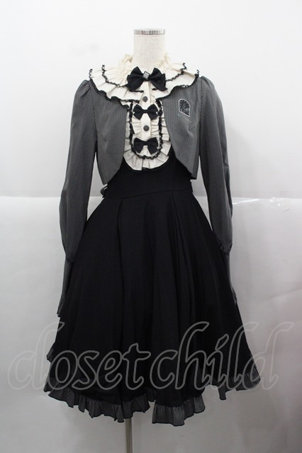 仲夏物語 / ストライプボレロ重ね風ワンピース M 黒Xグレー I-25-12