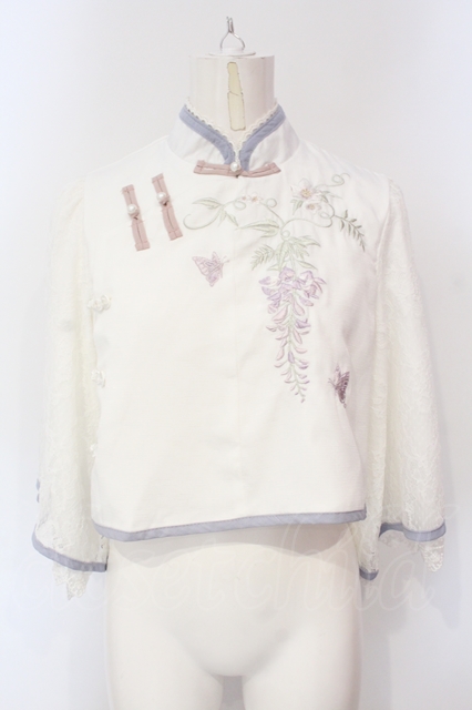 海外ロリィタ / 刺繍チャイナブラウス シロ×サックス O-25-07-15