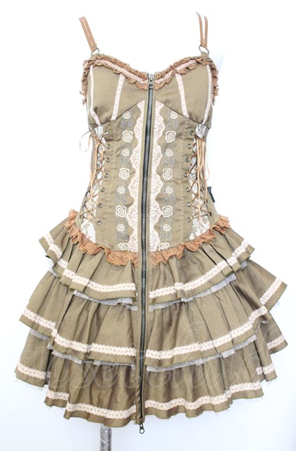 ozzon バラシリーズ　ベージュ×レース　編み上げ風ビスチェ Ozz Croce / 薔薇刺繍サイド編み上げビスチェワンピース カーキ