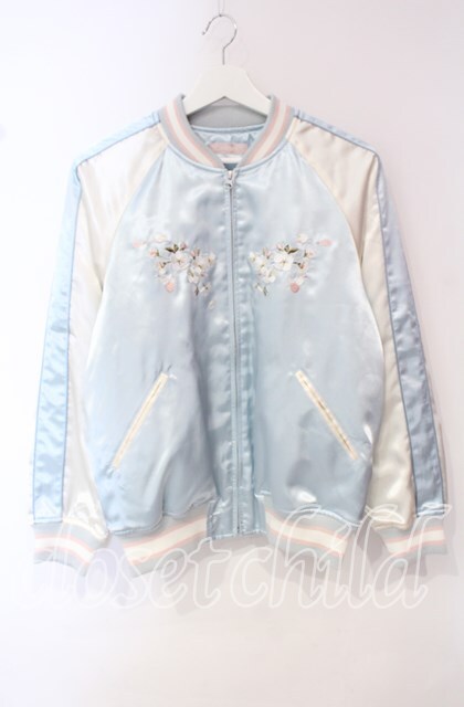 タグ付♥桜Teddy刺繍使いサテンブルゾンパープルPINKHOUSEピンクハウス PINK HOUSE / 桜Teddy刺繍使いサテンブルゾン サックス O-25-10