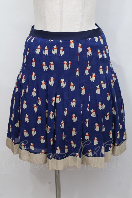 Jane Marple Dans Le Salon / ネコ柄プリーツスカート 紺 S-24-08-07  