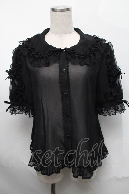 Angelic pretty ブラウス Angelic Pretty / 襟ロゴ刺繍袖フリルブラウス 黒 S-25-08-29