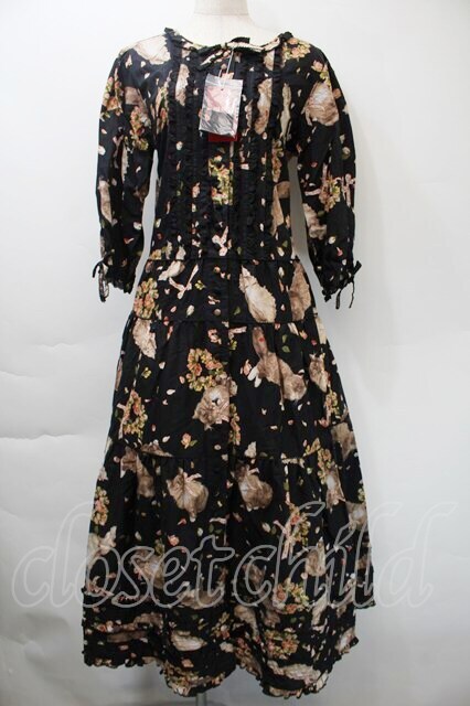 PINK HOUSE / フラッフィーキティーズプリントワンピース 黒 S-25-11