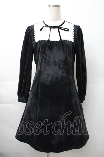 axes femme POETIQUE / レースブロッキングベロアワンピース 黒 S-25