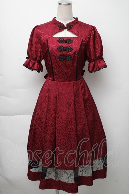 axes femme kawaii / チャイナ釦ジャガードワンピ M ワイン S-25-11-23