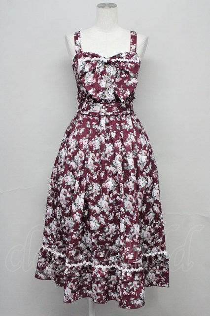 axes femme / ビッグリボン×ローズ柄ジャンパースカート ワイン T-25