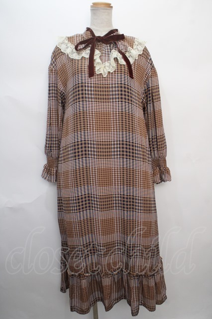 axes femme / チェックプリントロングワンピ M ベージュ Y-24-05-06 