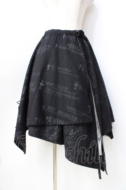 h.naoto Blood / フラップ付きイレヘムプリントスカート 黒 Y-25-09-16