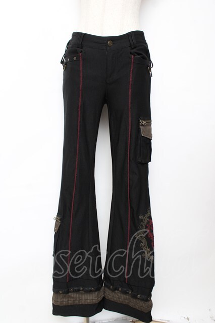 Ozz Croce / サイド編み上げ刺繍入りフレアパンツ 黒 Y-25-12-01-123