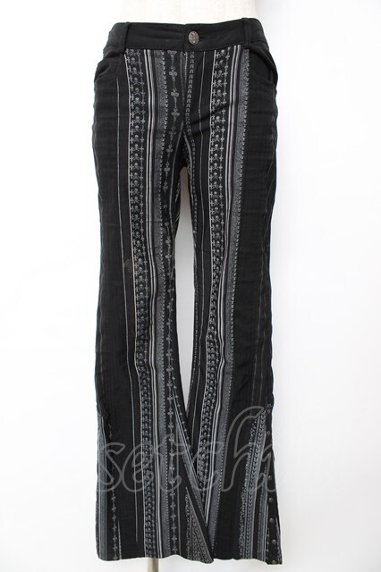 Ozz Croce / ストライプスカルptフレアパンツ 黒×グレー Y-25-12-01